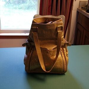 Paravidino Gold color Leather large Shoulder Bag Gold Tone Metal Detail s